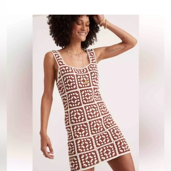 NEW🌅MARINE LAYER Archive CELESTE CROCHET DRESS Brown/White - Picture 2 of 10